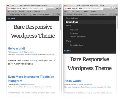 Mobile responsive navigation in the Bare Responsive theme